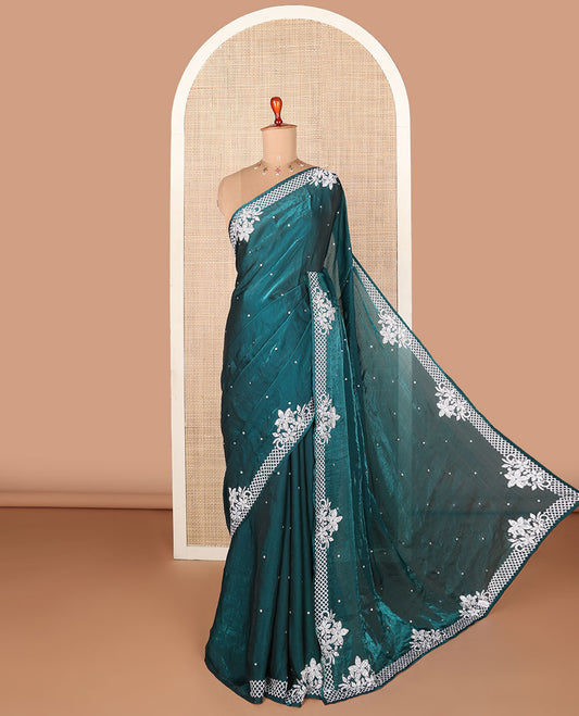 Blue plain designer saree, scallop embroidered border & contrast blue leaf-neck floral thread embroidery readymade blouse
