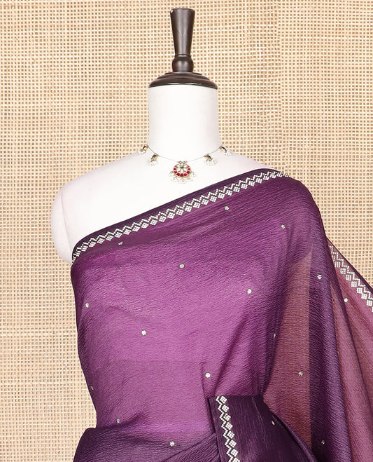 Purple floral-shaped Swarovski stone embroidery designer crushed saree, Swarovski stone embroidery border