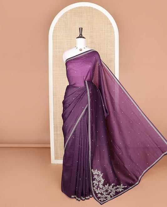 Purple floral-shaped Swarovski stone embroidery designer crushed saree, Swarovski stone embroidery border