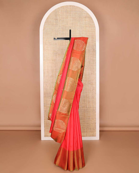 Red buttas kancheepuram silk saree with contrast floral design border & striped, floral motifs pallu