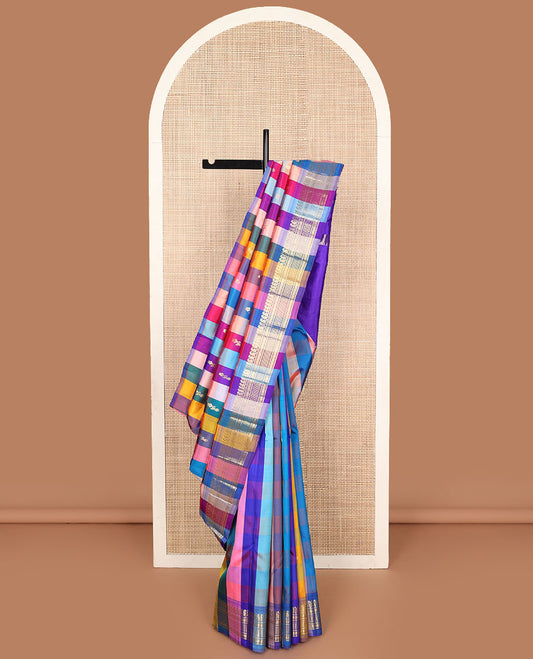 Multi-color paalum pazhamum style checked and zari buttas Kanchipuram silk saree, one-sided border of manga mokku, and then kuli kann designs, and contrast zari woven pallu