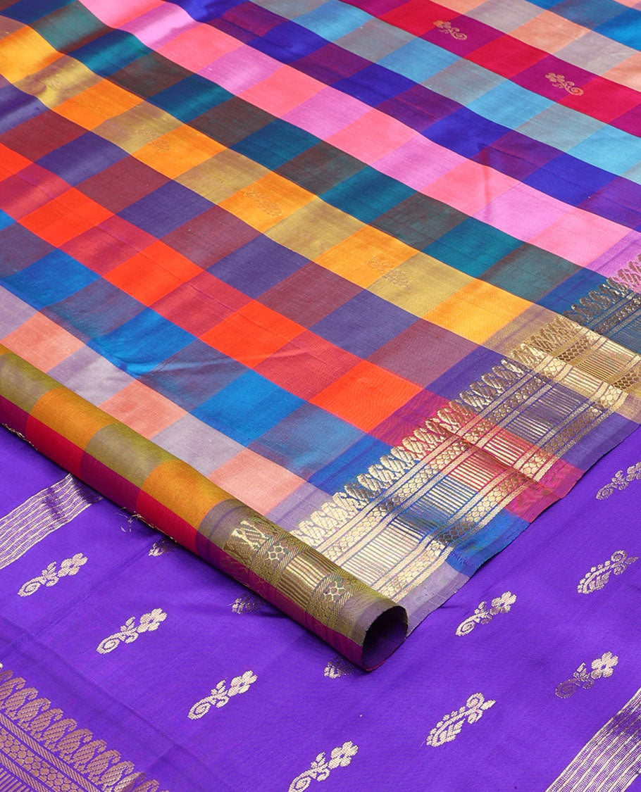 Multi-color paalum pazhamum style checked and zari buttas Kanchipuram silk saree, one-sided border of manga mokku, and then kuli kann designs, and contrast zari woven pallu