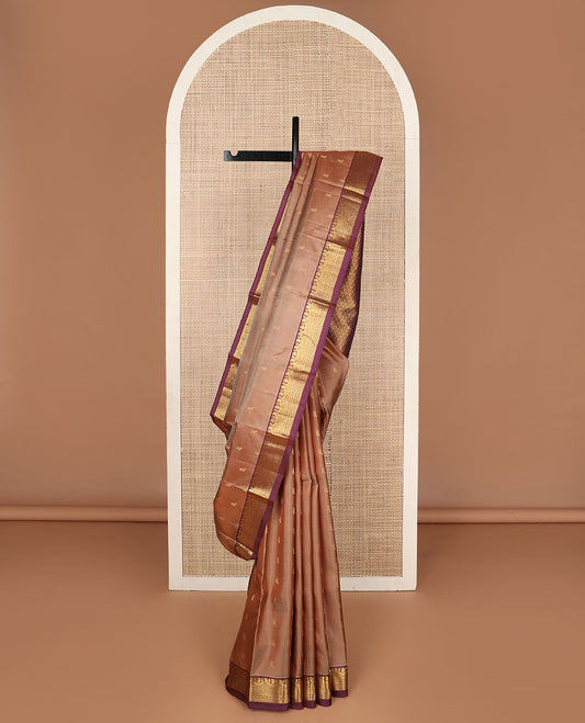 Brown zari buttas Kanchipuram silk saree, contrast jaal pallu & border of manga, kathir, chakram & kodi visiry designs