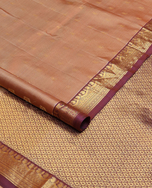 Brown zari buttas Kanchipuram silk saree, contrast jaal pallu & border of manga, kathir, chakram & kodi visiry designs