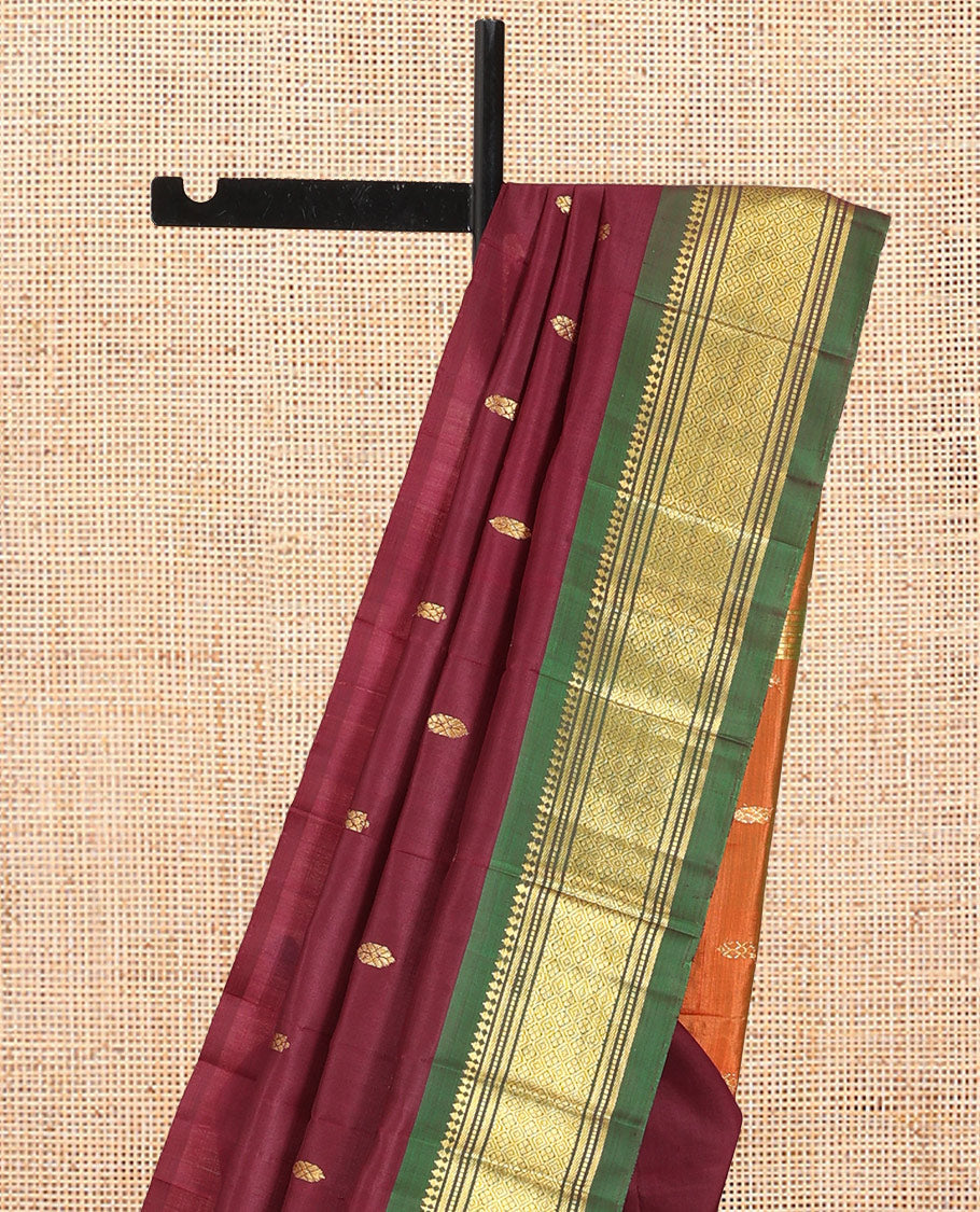 Brown Kanchipuram Silk Saree, Elevated with Zari Buttas, Complemented by a Contrast Border of Panner Sombu, Banaras, Muthu, and Jaal Design, Pallu of Zari Design, and No Blouse