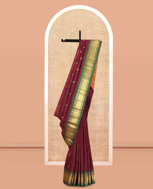Brown Kanchipuram Silk Saree, Elevated with Zari Buttas, Complemented by a Contrast Border of Panner Sombu, Banaras, Muthu, and Jaal Design, Pallu of Zari Design, and No Blouse