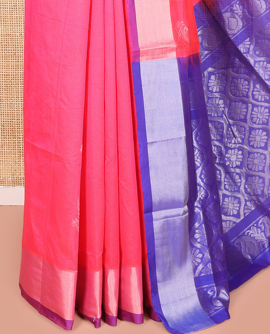 Pink Kuppadam Cotton Saree, Mesmerized with Dove Buttas All Over Its Body, Complemented by Contrast Bavanji Border, Pallu of Ogee Patterns, and Paired with a Contrast Blouse