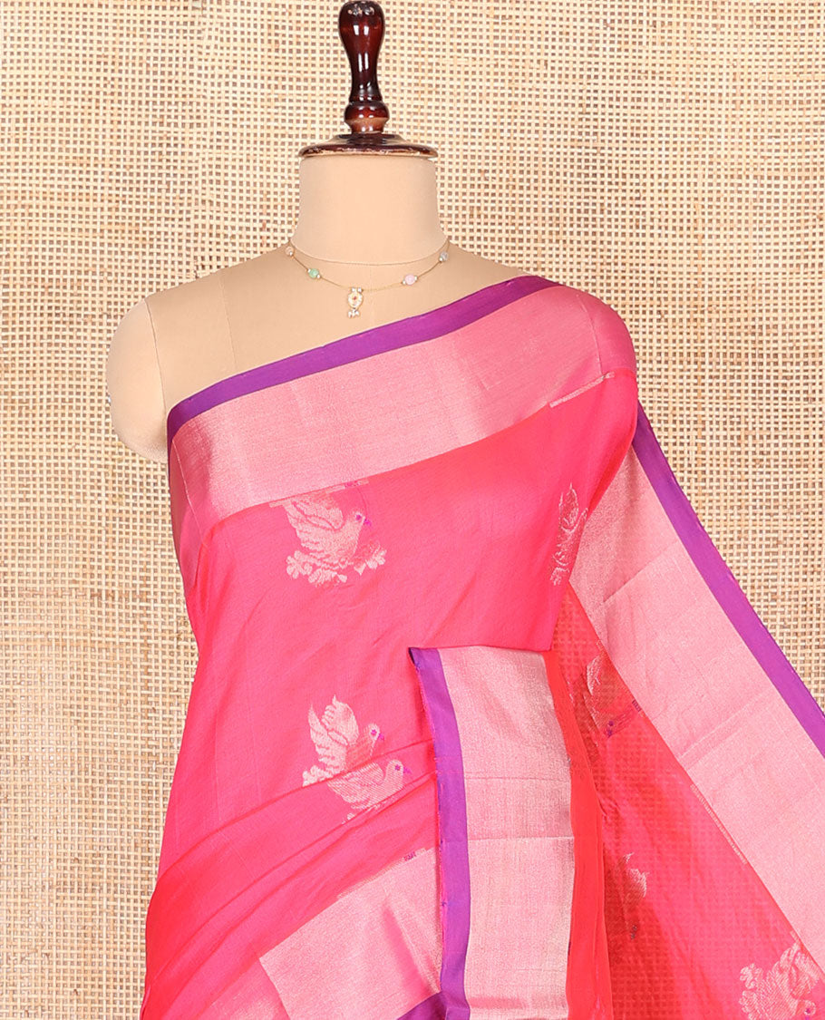 Pink Kuppadam Cotton Saree, Mesmerized with Dove Buttas All Over Its Body, Complemented by Contrast Bavanji Border, Pallu of Ogee Patterns, and Paired with a Contrast Blouse