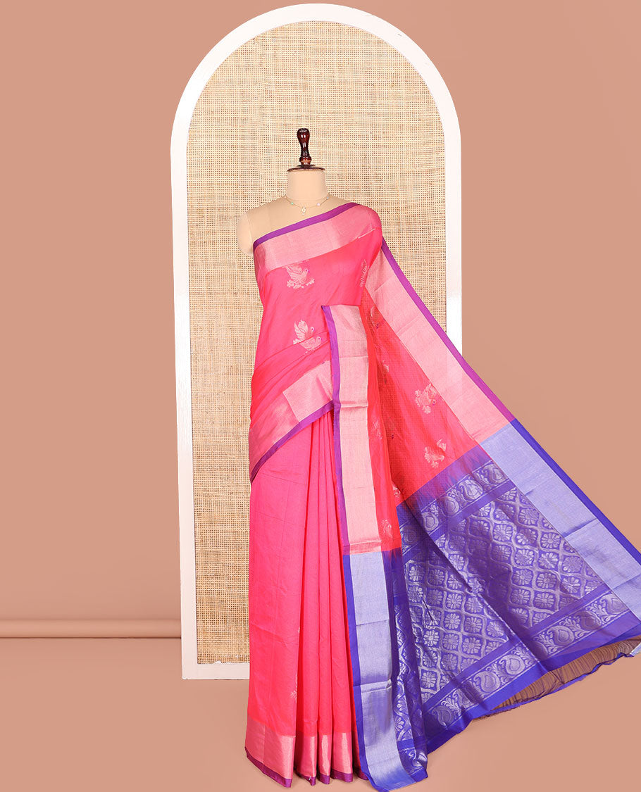 Pink Kuppadam Cotton Saree, Mesmerized with Dove Buttas All Over Its Body, Complemented by Contrast Bavanji Border, Pallu of Ogee Patterns, and Paired with a Contrast Blouse