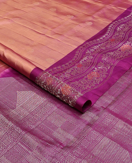 Brown leaf motifs mayuri soft silk saree with contrast zari design border & geometric design pallu