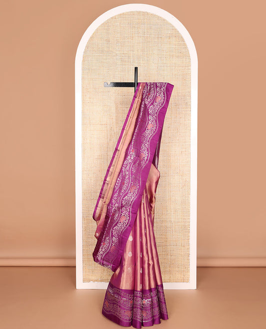 Brown leaf motifs mayuri soft silk saree with contrast zari design border & geometric design pallu