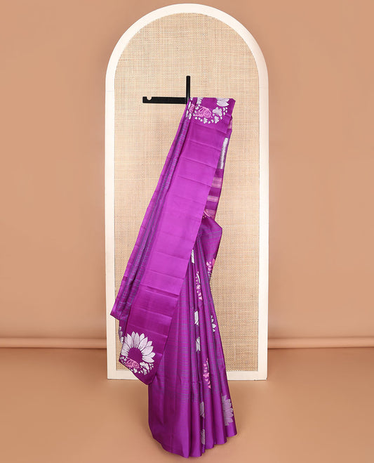 Pink checked & floral-butterflies enclosed circle buttas woven, soft silk saree, self-border & pallu of floral & geometric patterns