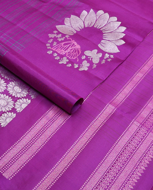 Pink checked & floral-butterflies enclosed circle buttas woven, soft silk saree, self-border & pallu of floral & geometric patterns