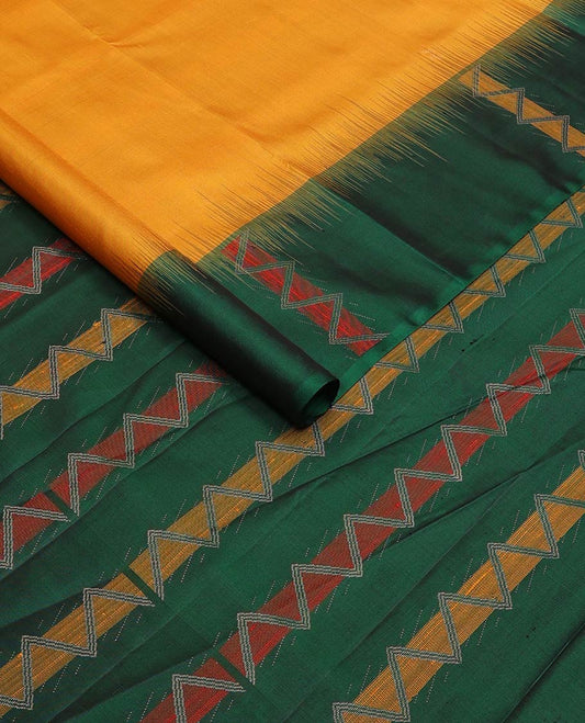 Yellow zari buttas soft silk saree, contrast border, and pallu of chevron stripes