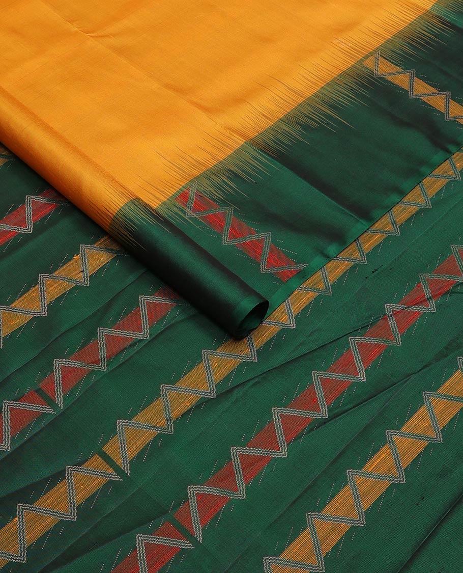 Yellow zari buttas soft silk saree, contrast border, and pallu of chevron stripes