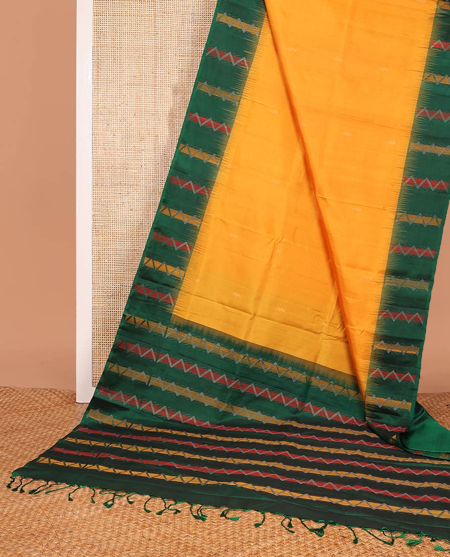 Yellow zari buttas soft silk saree, contrast border, and pallu of chevron stripes