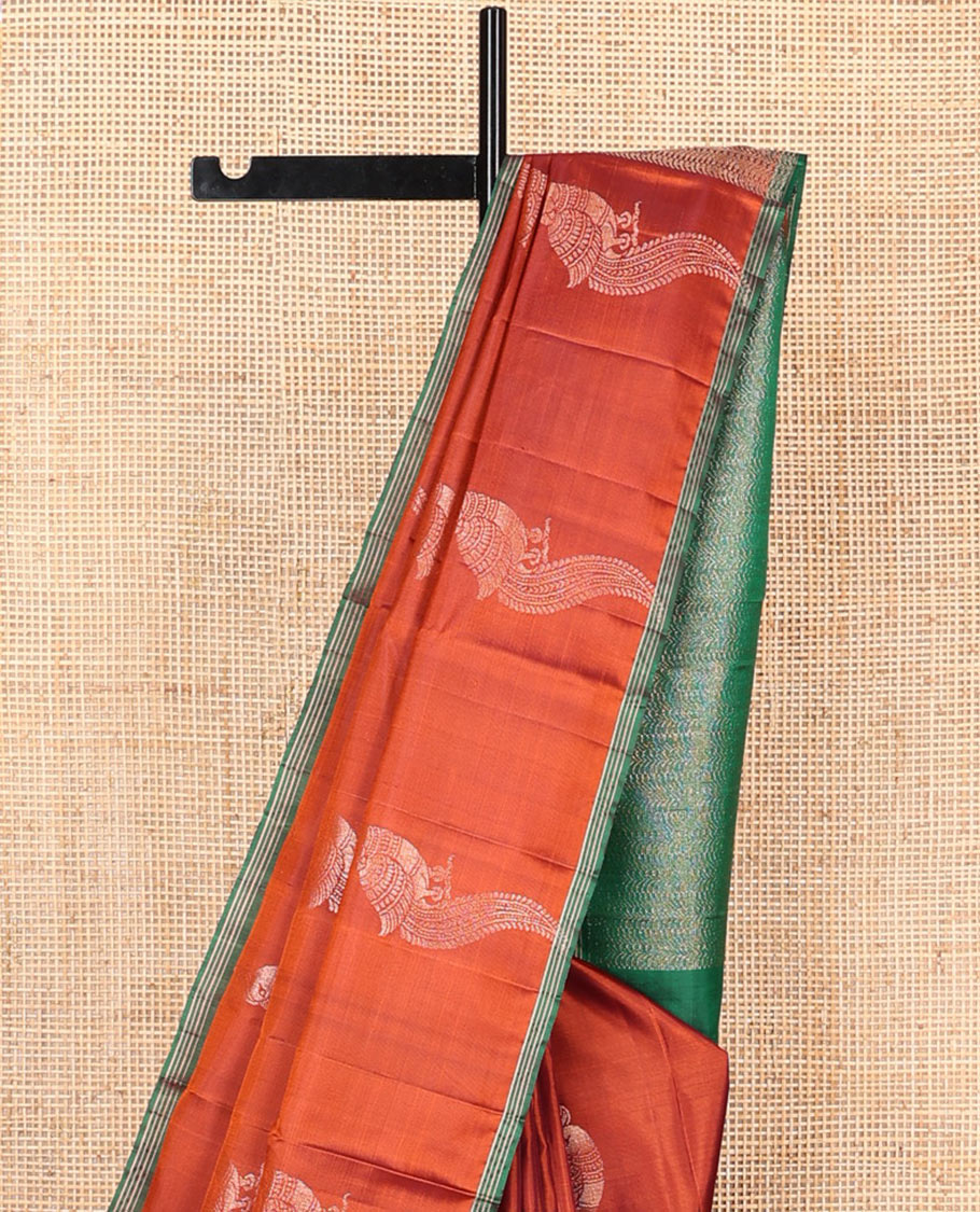 Orange mayil buttas soft silk saree, contrast piping border, and pallu of muthu, and banaras designs