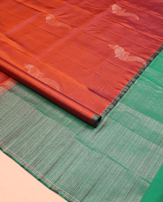 Orange mayil buttas soft silk saree, contrast piping border, and pallu of muthu, and banaras designs