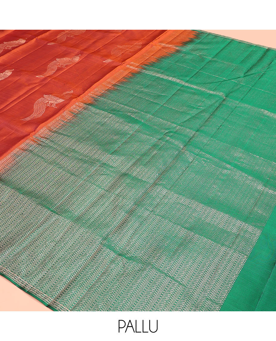 Orange mayil buttas soft silk saree, contrast piping border, and pallu of muthu, and banaras designs