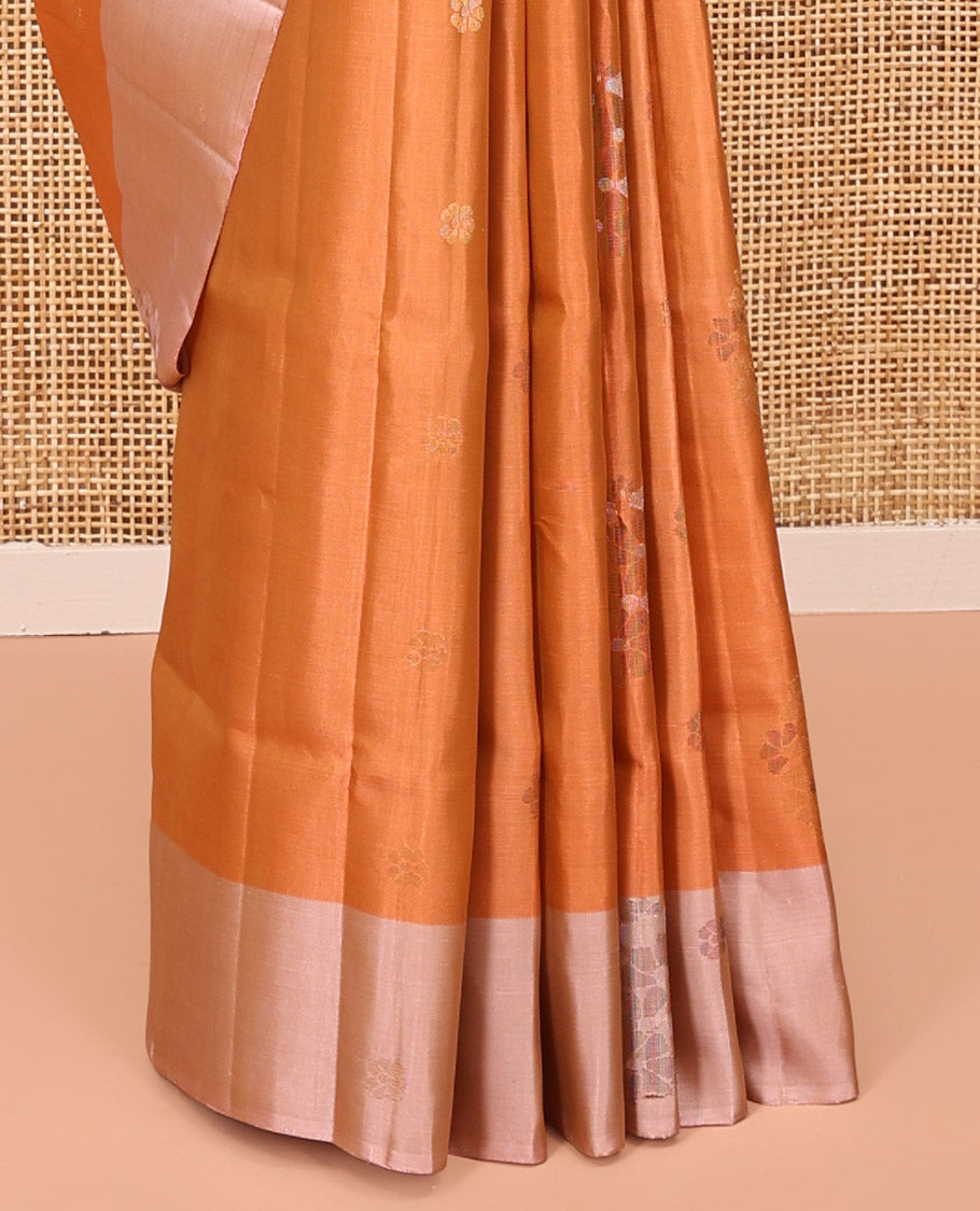 Orange Mayuri Lite Silk Mix Saree, Gleamed Up with Zari Buttas on Its Body, Complemented by a Contrast Border, Pallu of Intricate Designs, and Paired with a Contrast Blouse