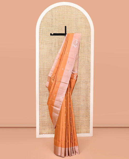 Orange Mayuri Lite Silk Mix Saree, Gleamed Up with Zari Buttas on Its Body, Complemented by a Contrast Border, Pallu of Intricate Designs, and Paired with a Contrast Blouse