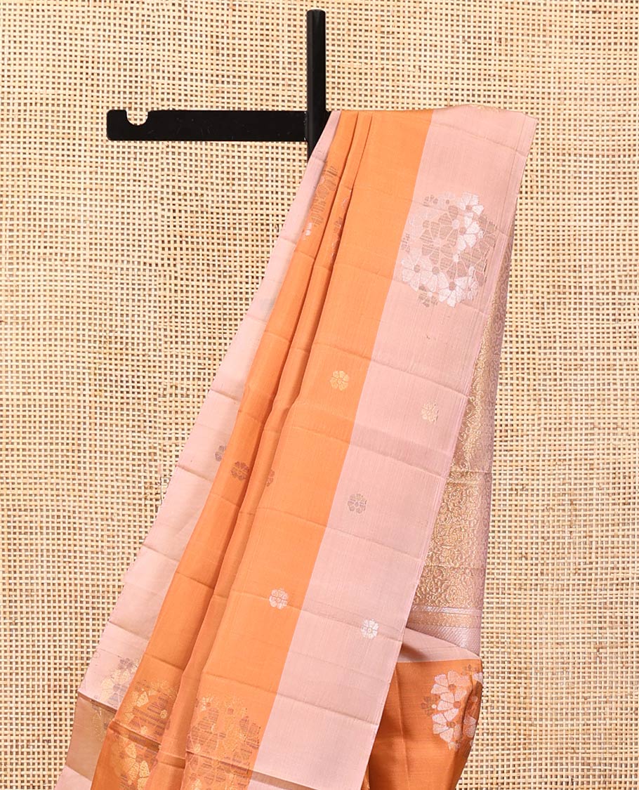 Orange Mayuri Lite Silk Mix Saree, Gleamed Up with Zari Buttas on Its Body, Complemented by a Contrast Border, Pallu of Intricate Designs, and Paired with a Contrast Blouse