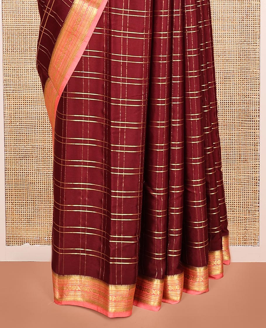 Maroon Mysore Silk Saree, Gleamed Up with Zari Checked Design, Complemented by a Contrast Traditional Zari Design Woven Border, Artfully Embroidered Pallu of Tropical Flora and Flamigo Motifs, and Paired with a Contrast Blouse