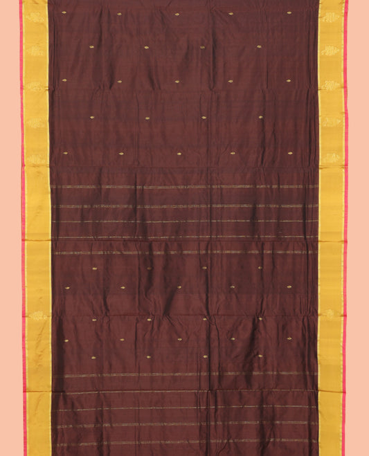 Brown Zari Buttas Nine-Yard Saree, Complemented by a Contrast Border, Self-Pallu of Buttas and Stripes, and No Blouse