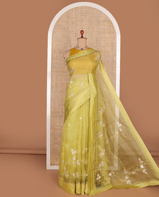 Green floral vine embroidered organza designer saree, satin embroidered border