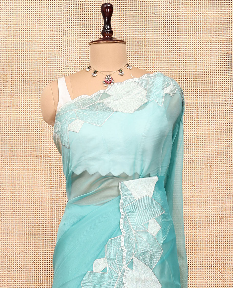 Blue Plain Organza Saree, a Scalloped Geometric Thread Embroidery Border, Embroidery Pallu, and a Matching Blouse
