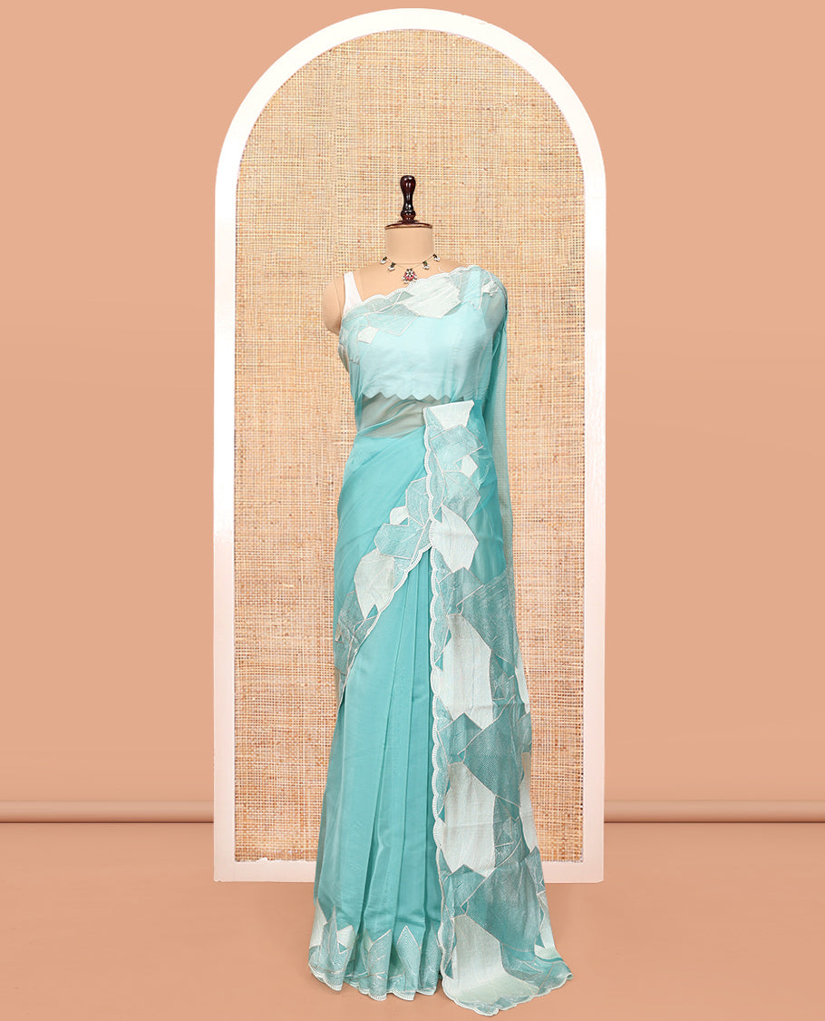 Blue Plain Organza Saree, a Scalloped Geometric Thread Embroidery Border, Embroidery Pallu, and a Matching Blouse