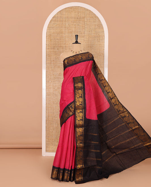 Rani pink checked sungudi cotton saree, contrast peacock motifs zari border, zari striped pallu, and a contrast zari design blouse