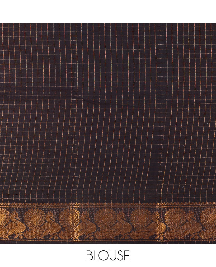 Rani pink checked sungudi cotton saree, contrast peacock motifs zari border, zari striped pallu, and a contrast zari design blouse