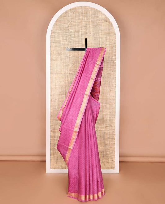 Pink floral jaal design printed silk saree with contrast zari design border & floral design pallu
