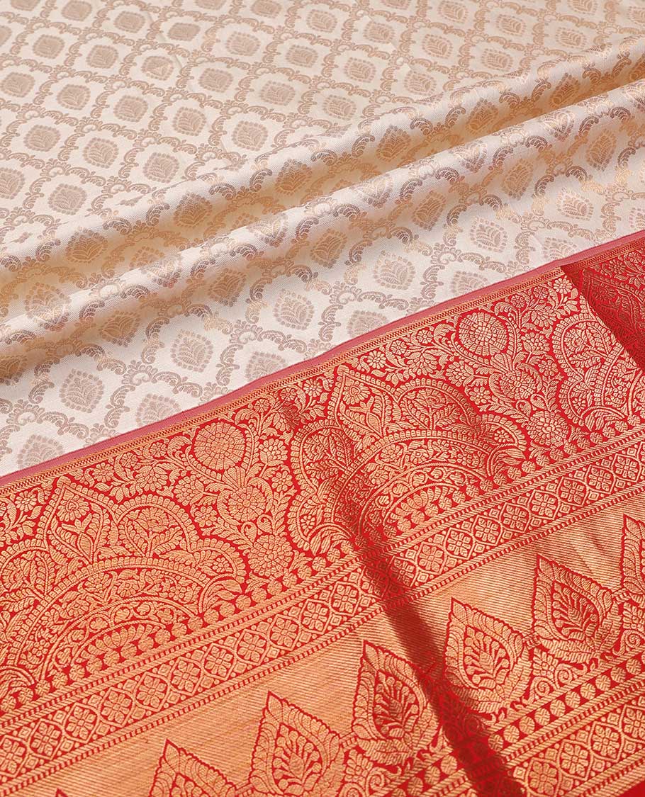 Cream pure silk half-saree,  jacquard skirt, contrast traditional zari border, matching zari blouse, and zari design dhavani