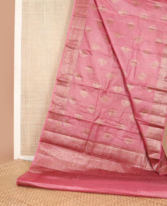 Pink micro-checked & zari buttas tussar saree, zari border of traditional designs & pallu of floral designs