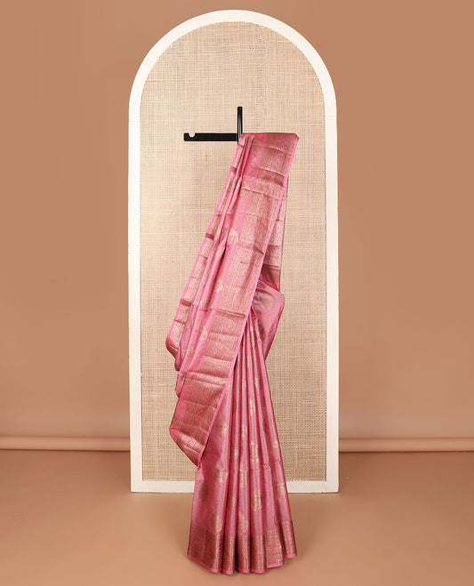 Pink micro-checked & zari buttas tussar saree, zari border of traditional designs & pallu of floral designs