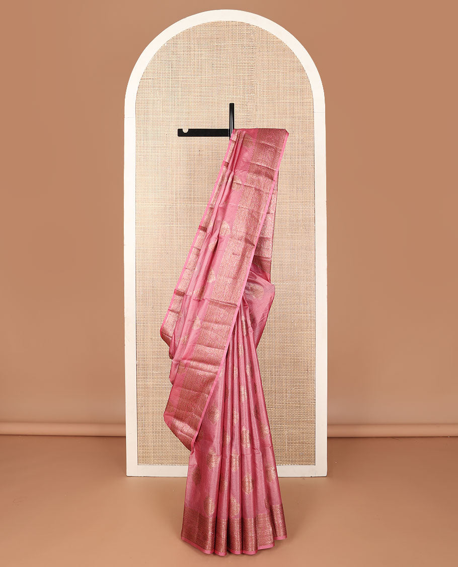 Pink micro-checked & zari buttas tussar saree, zari border of traditional designs & pallu of floral designs