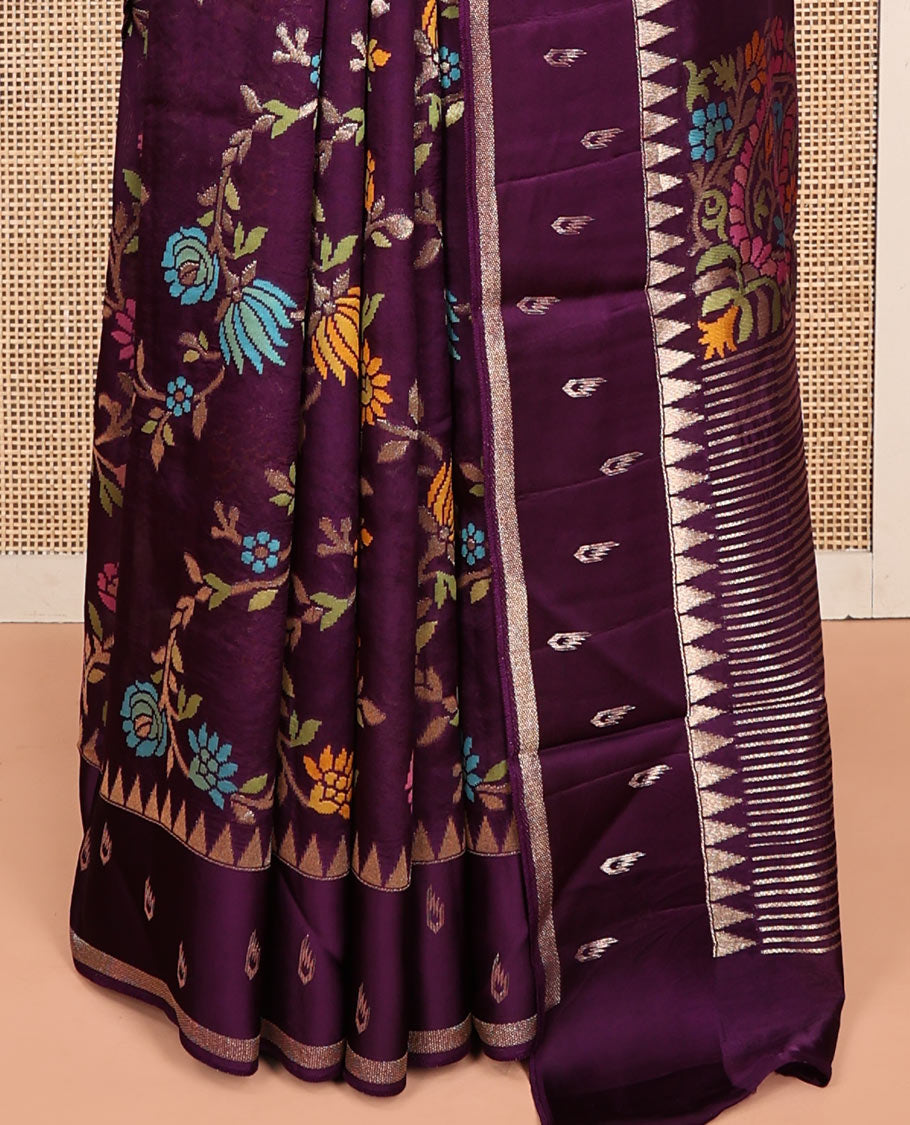 Purple Matka Silk Saree, Ornamented with Meenakari Floral Vine All Over Its Body, Highlighted by Temple Border of Buttas, Pallu of Meenakari Floral Designs, and Paired with a Matching Blouse
