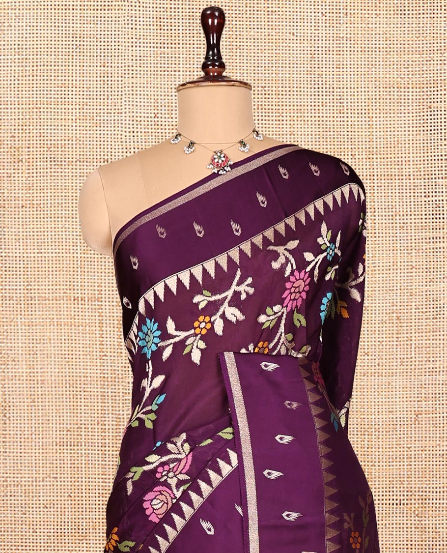 Purple Matka Silk Saree, Ornamented with Meenakari Floral Vine All Over Its Body, Highlighted by Temple Border of Buttas, Pallu of Meenakari Floral Designs, and Paired with a Matching Blouse