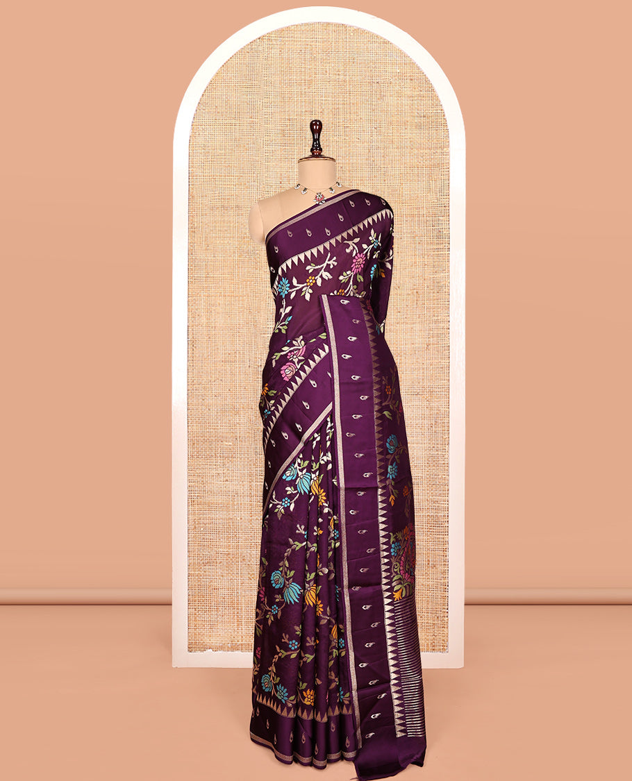 Purple Matka Silk Saree, Ornamented with Meenakari Floral Vine All Over Its Body, Highlighted by Temple Border of Buttas, Pallu of Meenakari Floral Designs, and Paired with a Matching Blouse