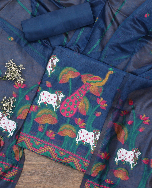 Blue material chudidar set, hand-painting style Pichwai lotus, cow and peacock printed top, plain bottom and dupatta mirrors the same top print