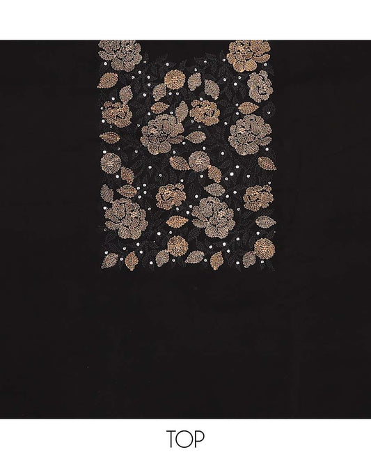 Black material chudidar set, neck rose motifs thread embroidered top, plain bottom, and floral printed dupatta