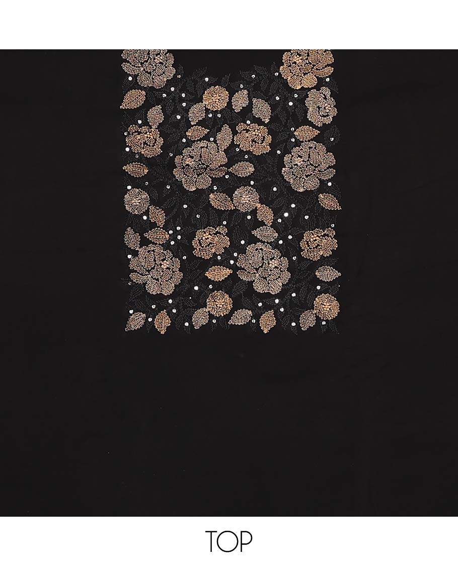 Black material chudidar set, neck rose motifs thread embroidered top, plain bottom, and floral printed dupatta