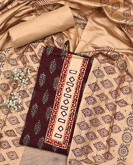 Maroon Cotton Material Chudidar Set, Decorated with Unique Motifs Block Printed on Its Cotton Top, a Plain Cotton Bottom, and Paired with an Intricately Block Printed Cotton Dupatta