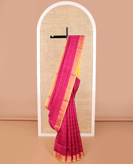 Pink checked uppada saree with contrast plain border & striped pallu