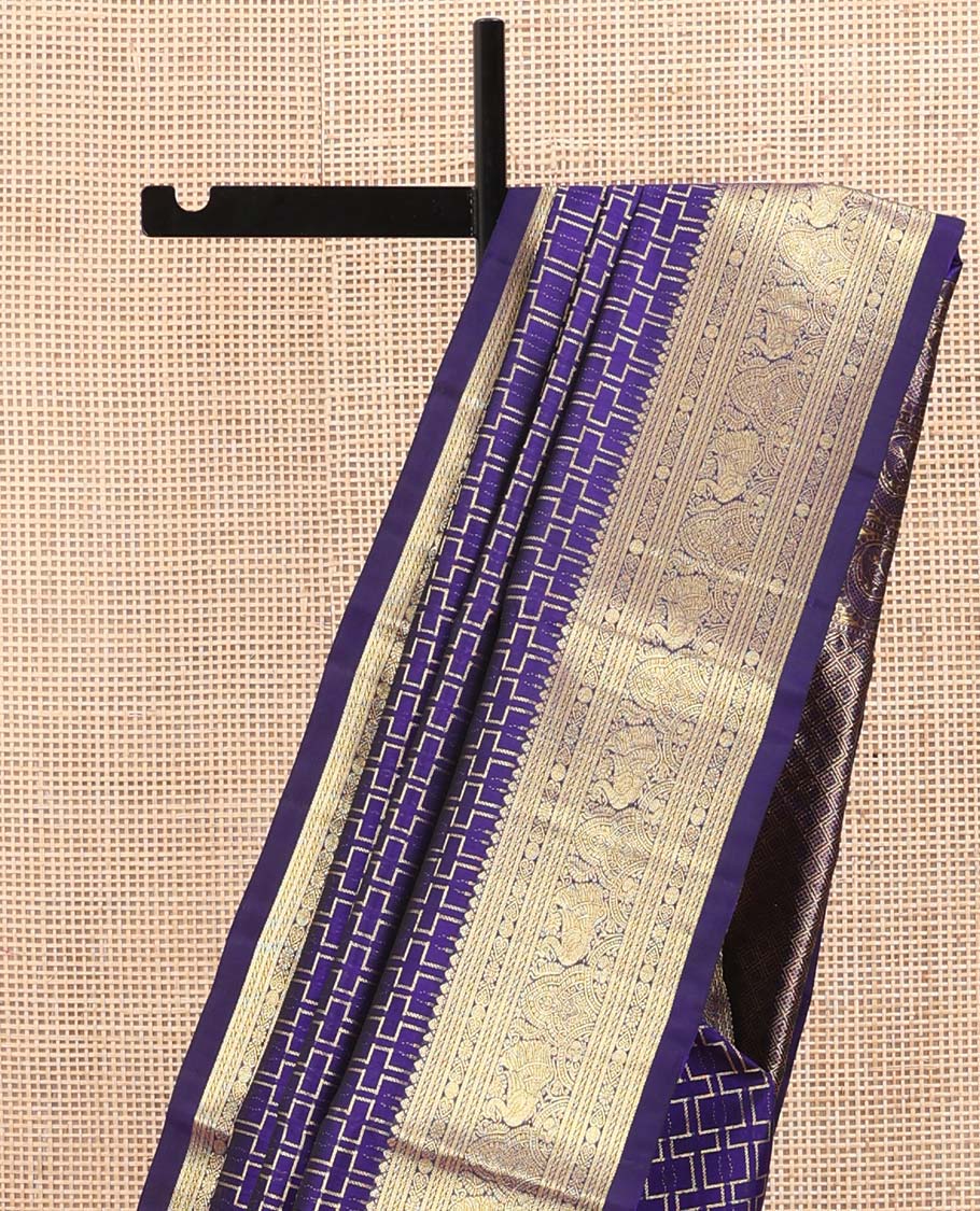 Violet Venkatagiri Silk Saree, Meticulously Crafted with Maze-Like Design All Over Its Body, Highlighted by a Traditional Zari Design Border, Grand Jaal Design Pallu, and Paired with a Matching Blouse