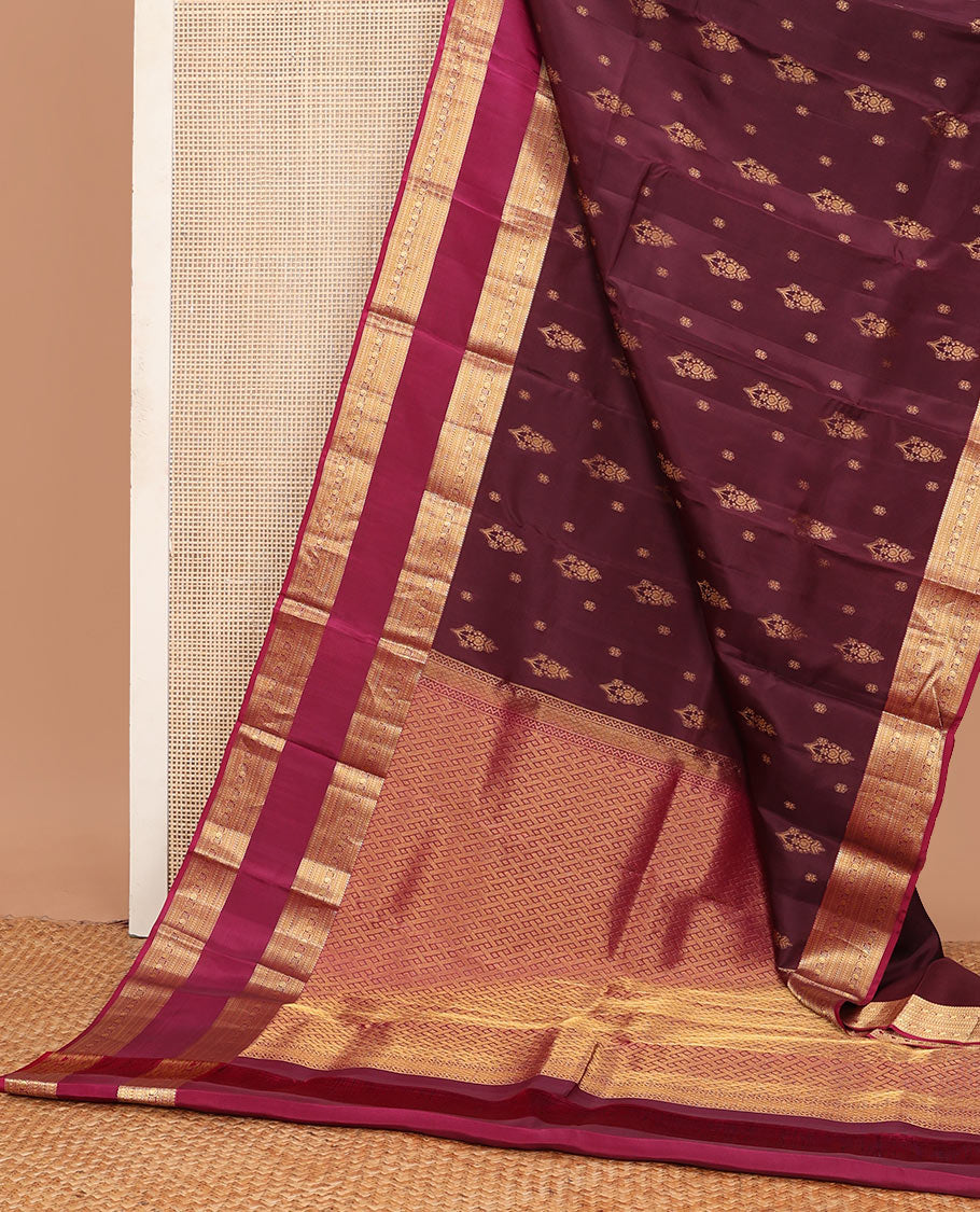 Brown zari buttas Vasundhara silk mix saree, contrast rettai pettu traditional zari border & paiyaadi kann pallu