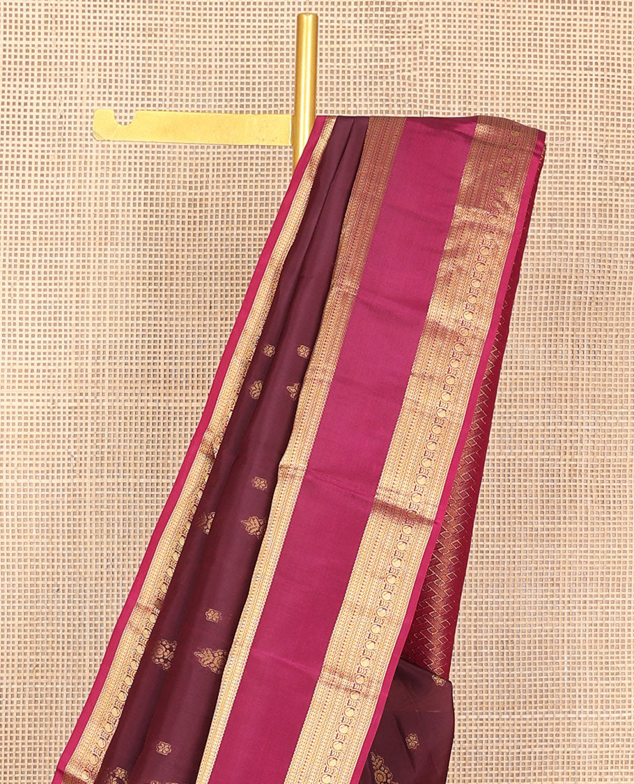 Brown zari buttas Vasundhara silk mix saree, contrast rettai pettu traditional zari border & paiyaadi kann pallu