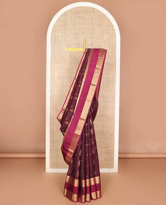 Brown zari buttas Vasundhara silk mix saree, contrast rettai pettu traditional zari border & paiyaadi kann pallu